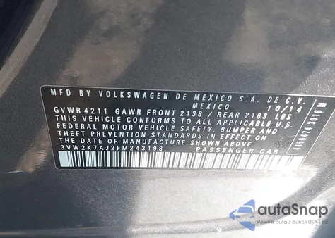 2015 Volkswagen Jetta 2.0L S из США, поврежденный, VIN 3VW2K7AJ2FM243198